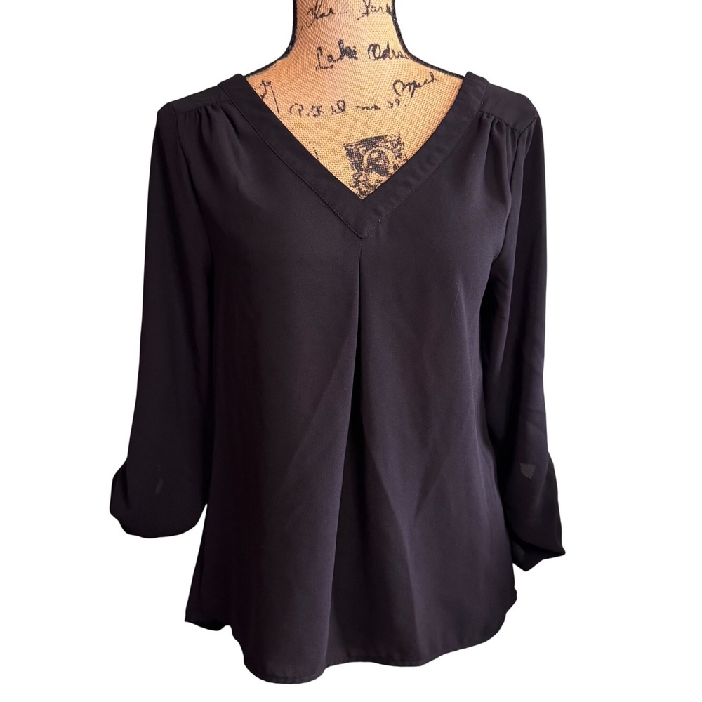 Black V-Neck Roll-Tab‎ Sleeve Blouse with Strappy Back Cutout Detail Top